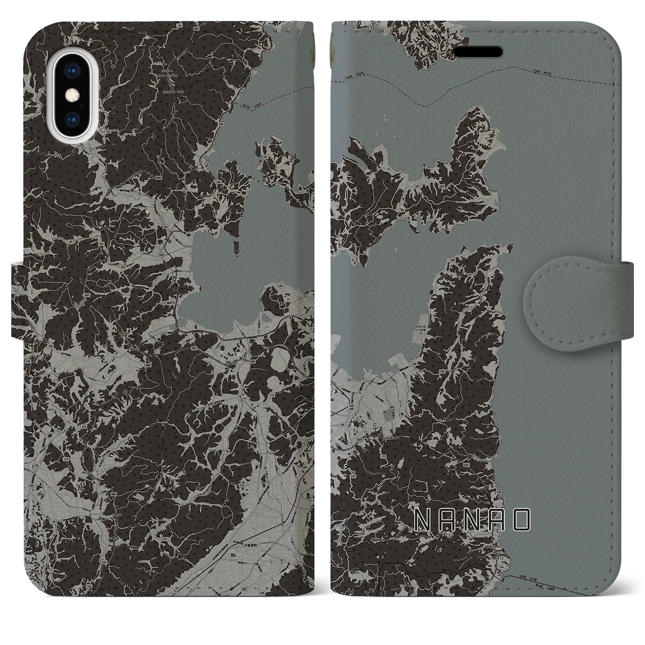【七尾(石川県)】地図柄iPhoneケース(手帳タイプ)モノトーン・iPhone XS Max 用