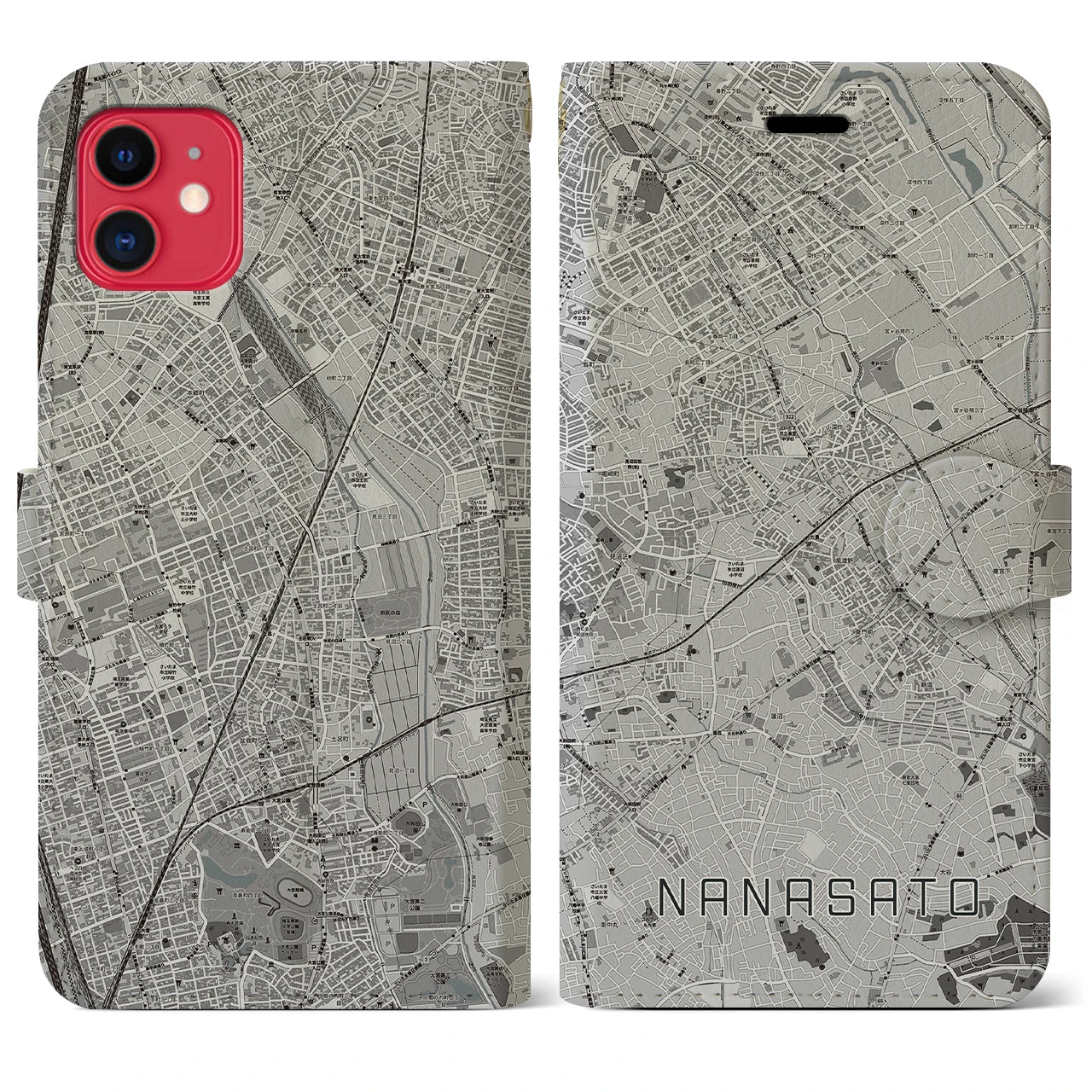 【七里(埼玉県)】地図柄iPhoneケース(手帳タイプ)モノトーン・iPhone 11 用