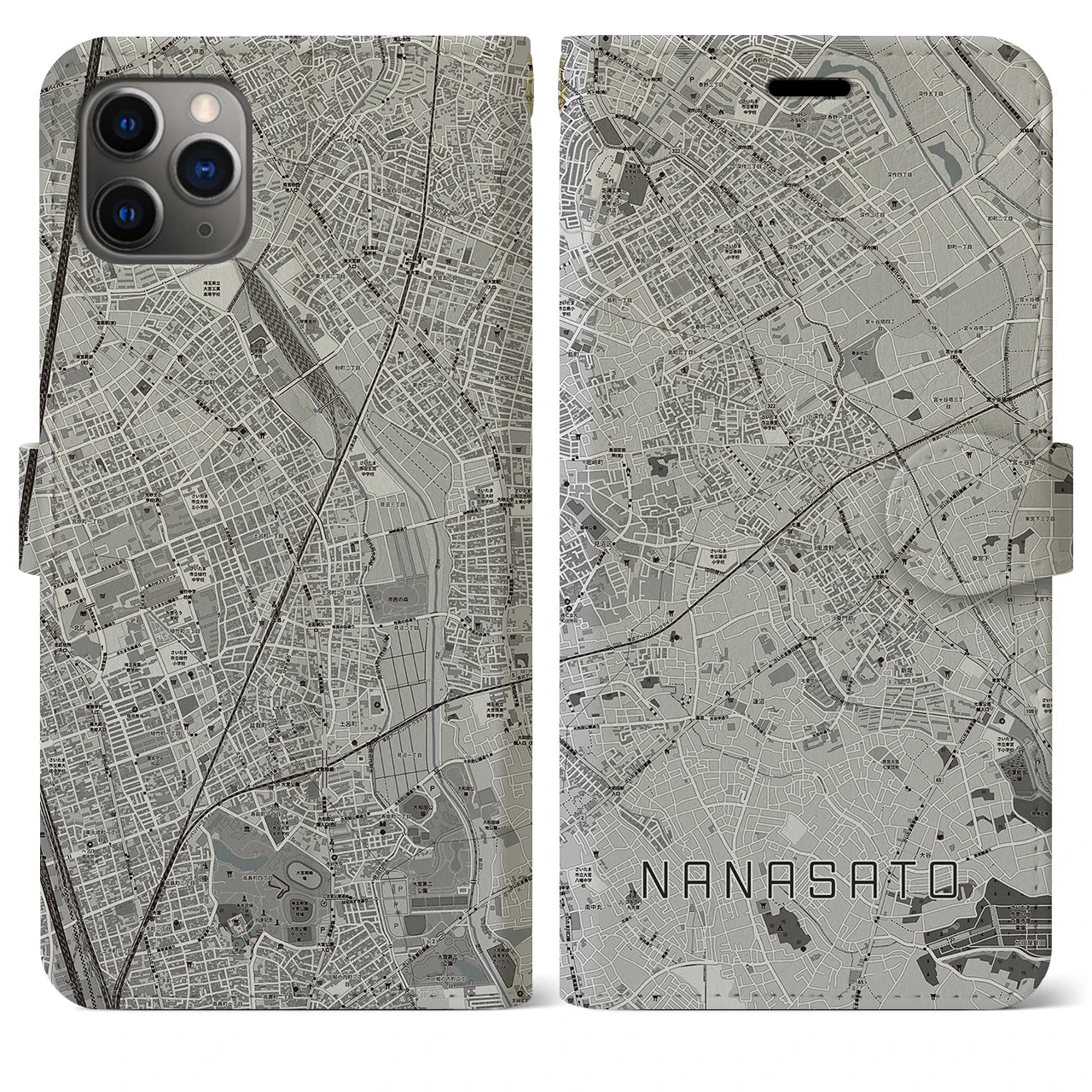 【七里(埼玉県)】地図柄iPhoneケース(手帳タイプ)モノトーン・iPhone 11 Pro Max 用