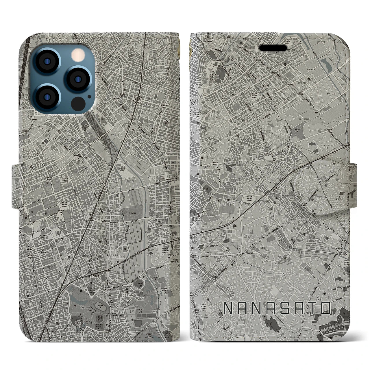 【七里(埼玉県)】地図柄iPhoneケース(手帳タイプ)モノトーン・iPhone 12 / 12 Pro 用