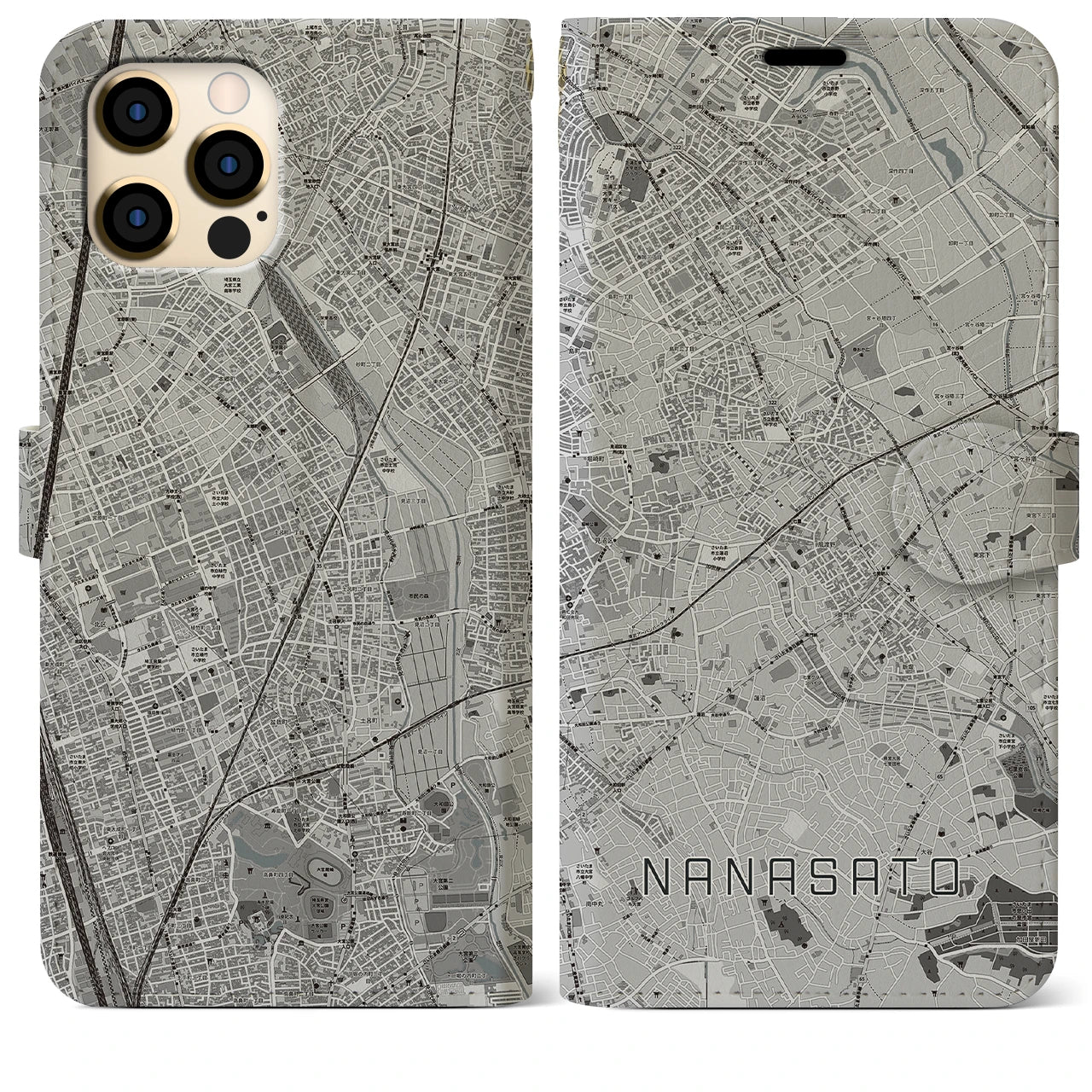 【七里(埼玉県)】地図柄iPhoneケース(手帳タイプ)モノトーン・iPhone 12 Pro Max 用