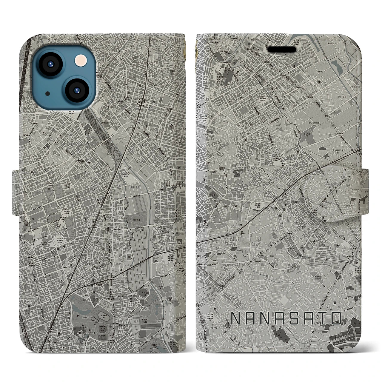 【七里(埼玉県)】地図柄iPhoneケース(手帳タイプ)モノトーン・iPhone 13 用