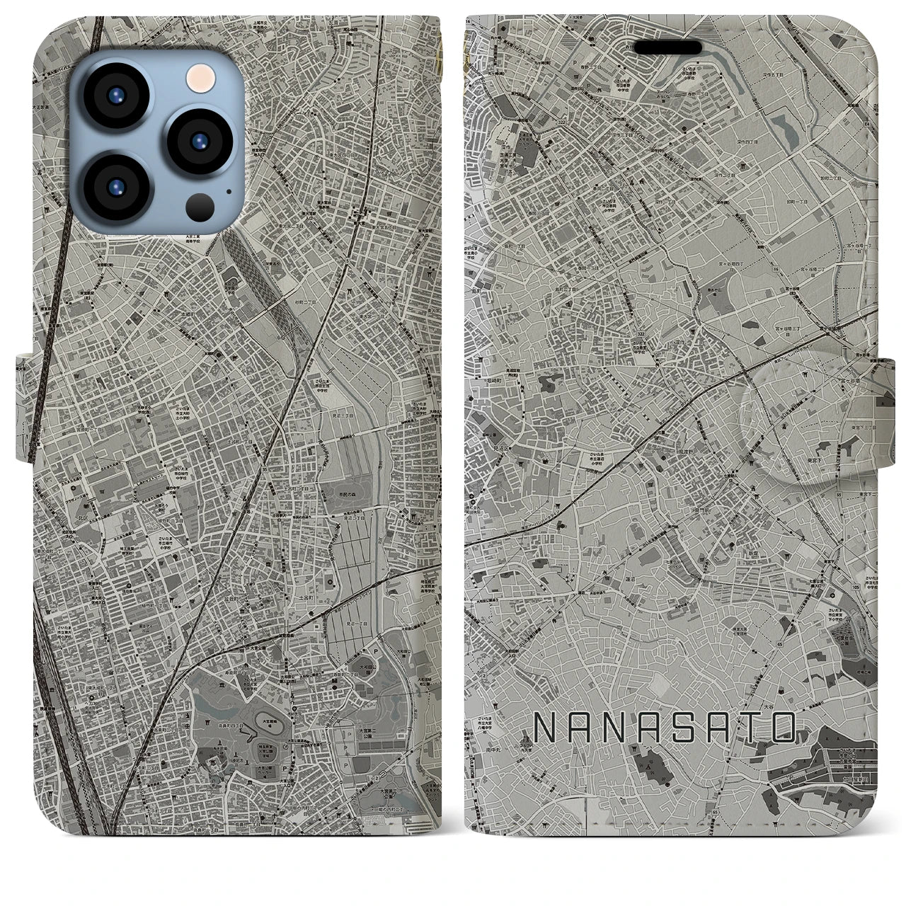 【七里(埼玉県)】地図柄iPhoneケース(手帳タイプ)モノトーン・iPhone 13 Pro Max 用