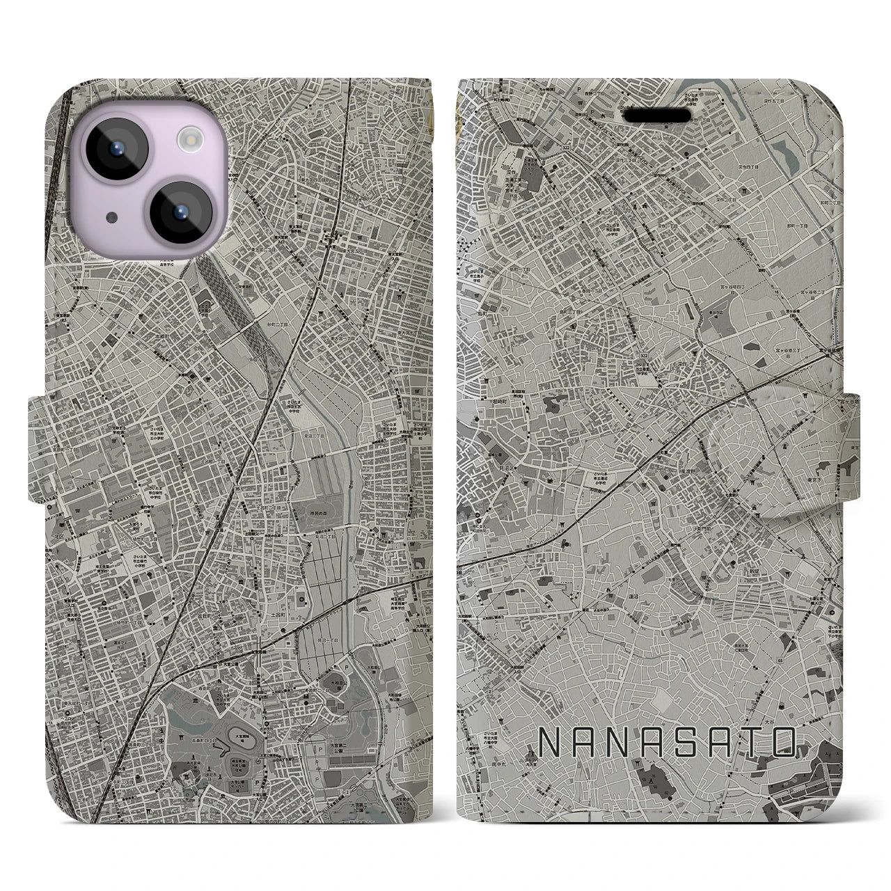 【七里(埼玉県)】地図柄iPhoneケース(手帳タイプ)モノトーン・iPhone 14 用
