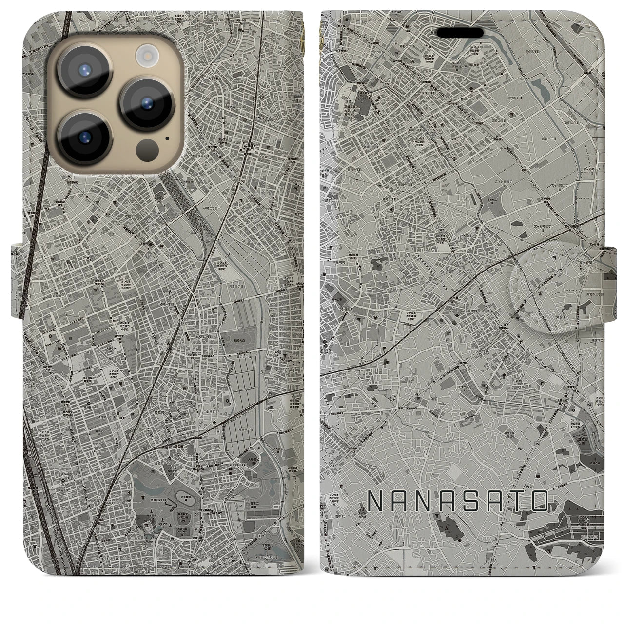 【七里(埼玉県)】地図柄iPhoneケース(手帳タイプ)モノトーン・iPhone 14 Pro Max 用