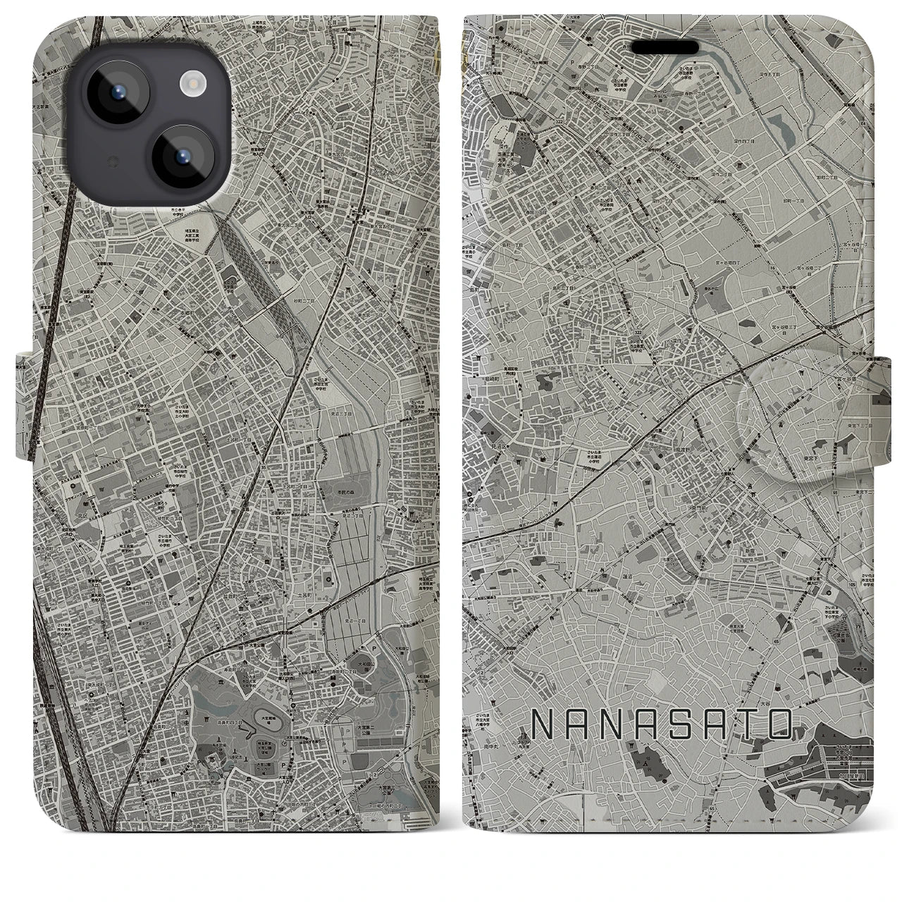 【七里(埼玉県)】地図柄iPhoneケース(手帳タイプ)モノトーン・iPhone 14 Plus 用
