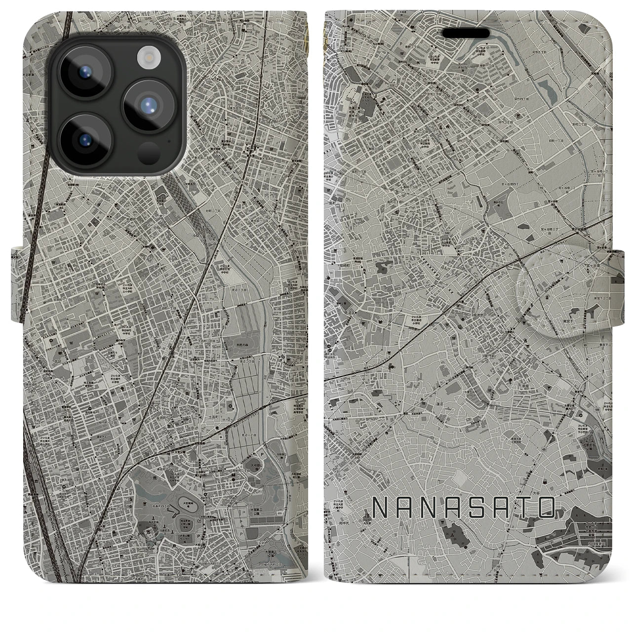 【七里(埼玉県)】地図柄iPhoneケース(手帳タイプ)モノトーン・iPhone 15 Pro Max 用