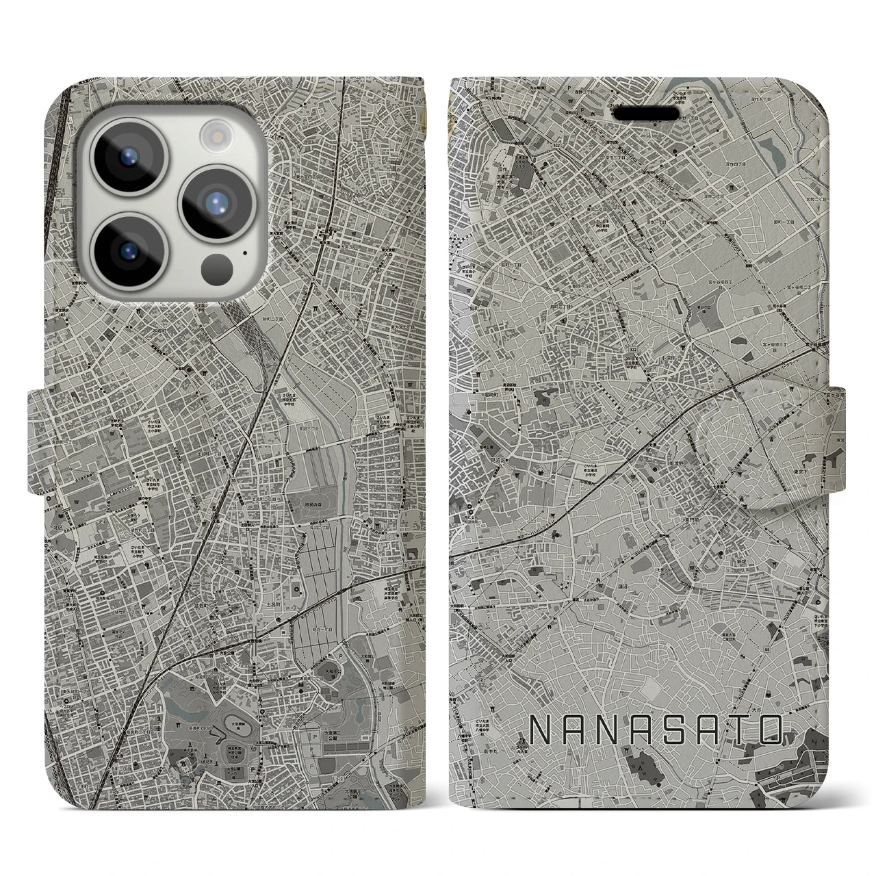 【七里(埼玉県)】地図柄iPhoneケース(手帳タイプ)モノトーン・iPhone 15 Pro 用
