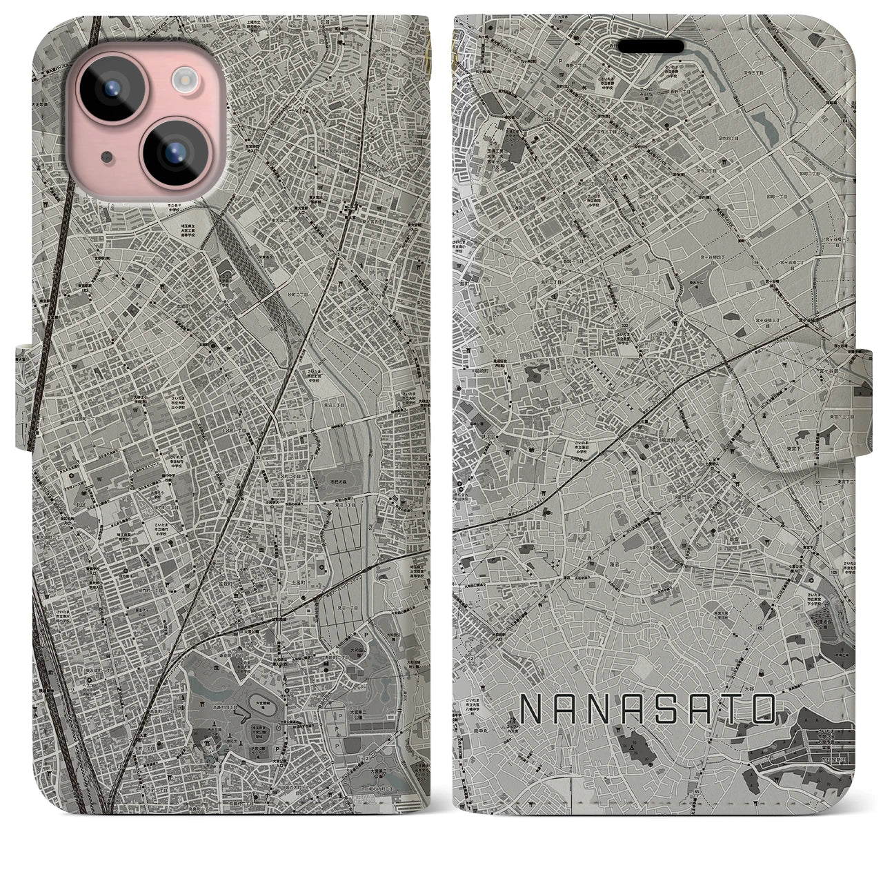 【七里(埼玉県)】地図柄iPhoneケース(手帳タイプ)モノトーン・iPhone 15 Plus 用