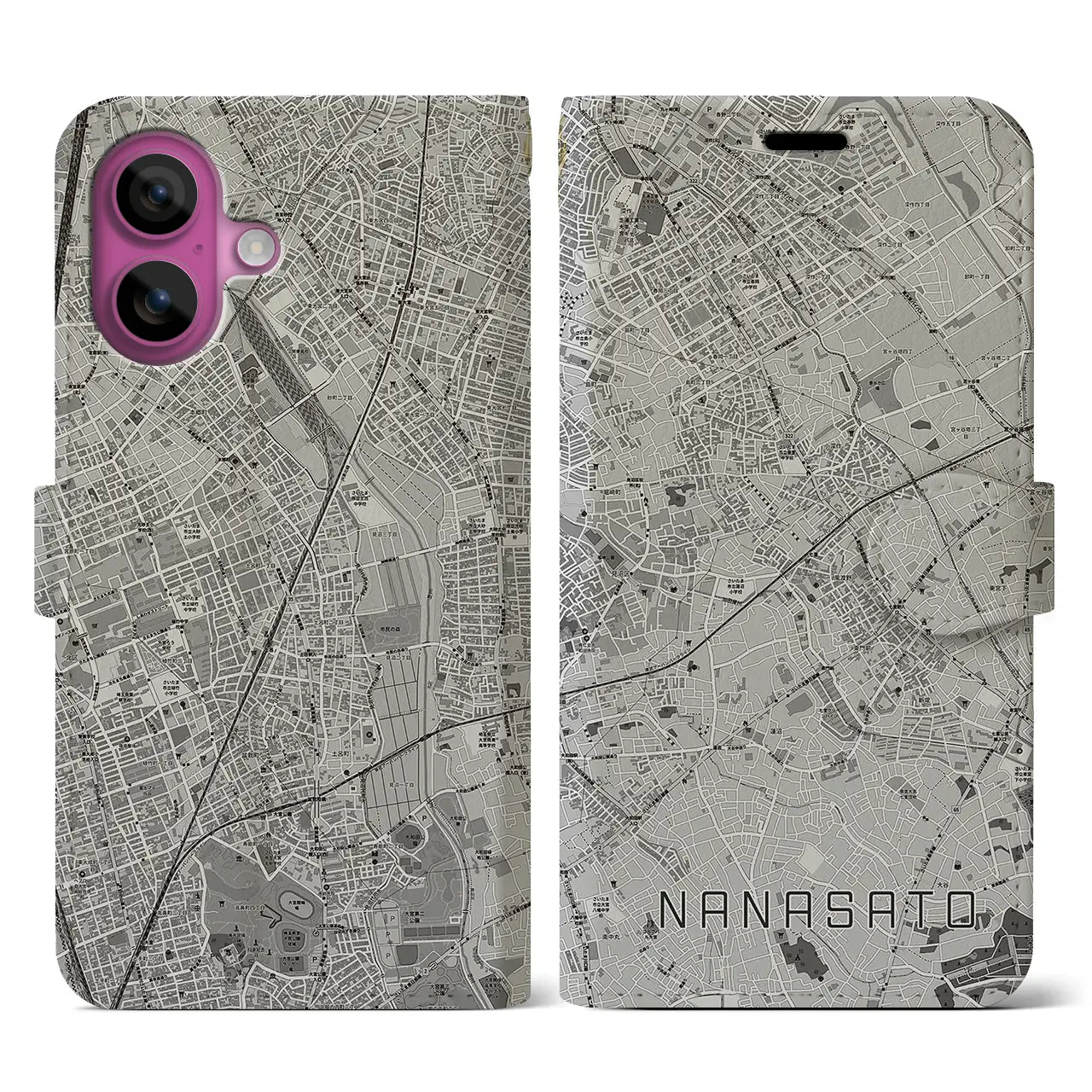【七里(埼玉県)】地図柄iPhoneケース(手帳タイプ)モノトーン・iPhone 16 Pro 用