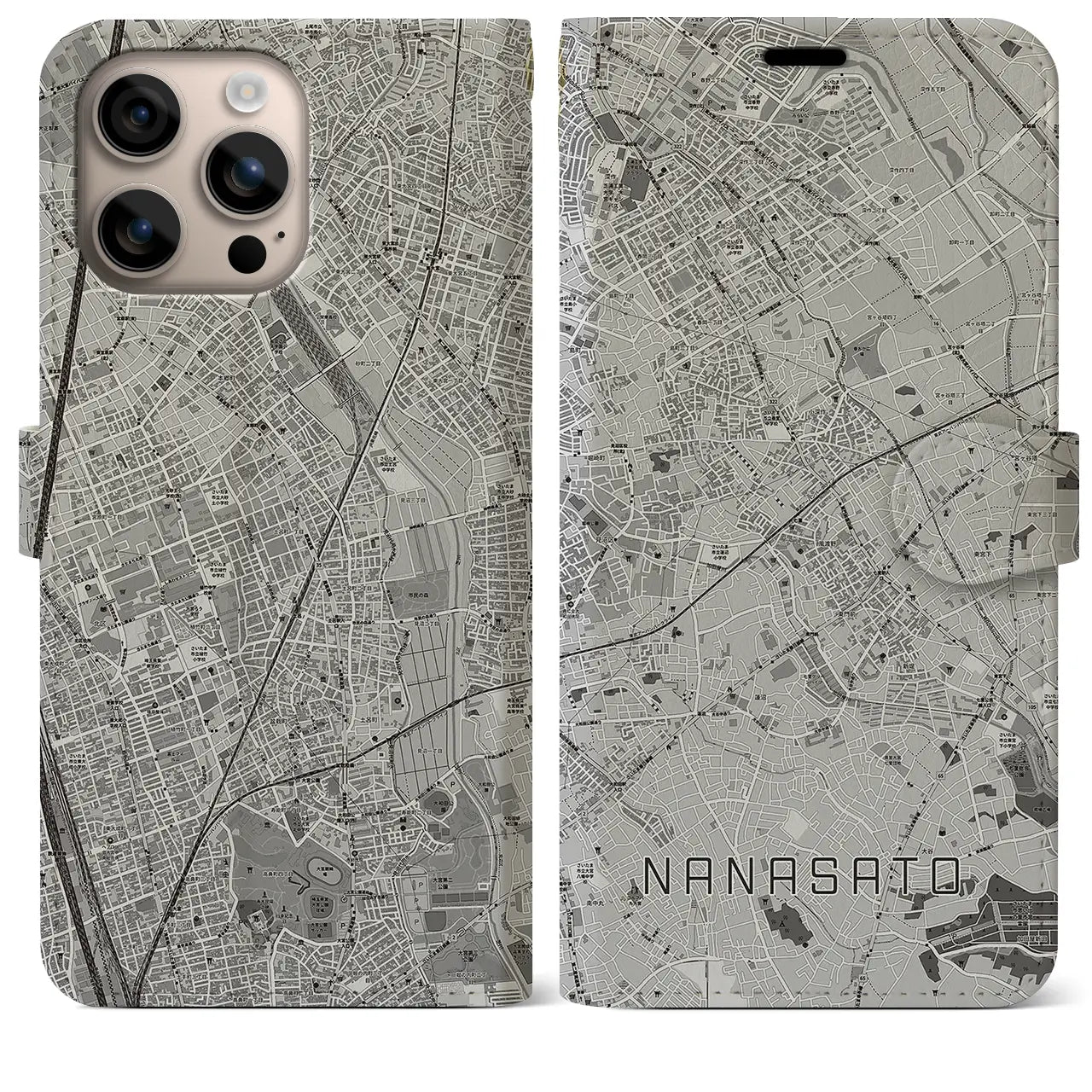 【七里(埼玉県)】地図柄iPhoneケース(手帳タイプ)モノトーン・iPhone 16 Plus 用