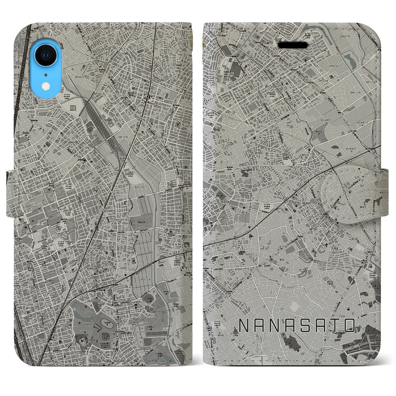 【七里(埼玉県)】地図柄iPhoneケース(手帳タイプ)モノトーン・iPhone XR 用