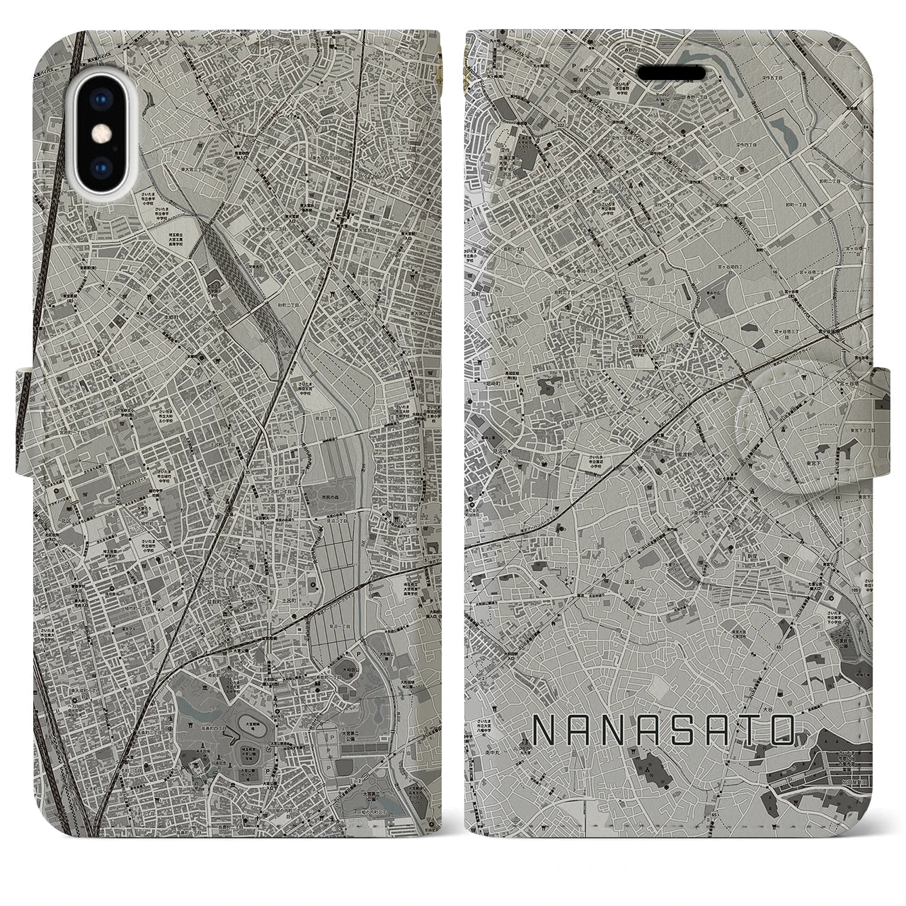 【七里(埼玉県)】地図柄iPhoneケース(手帳タイプ)モノトーン・iPhone XS Max 用