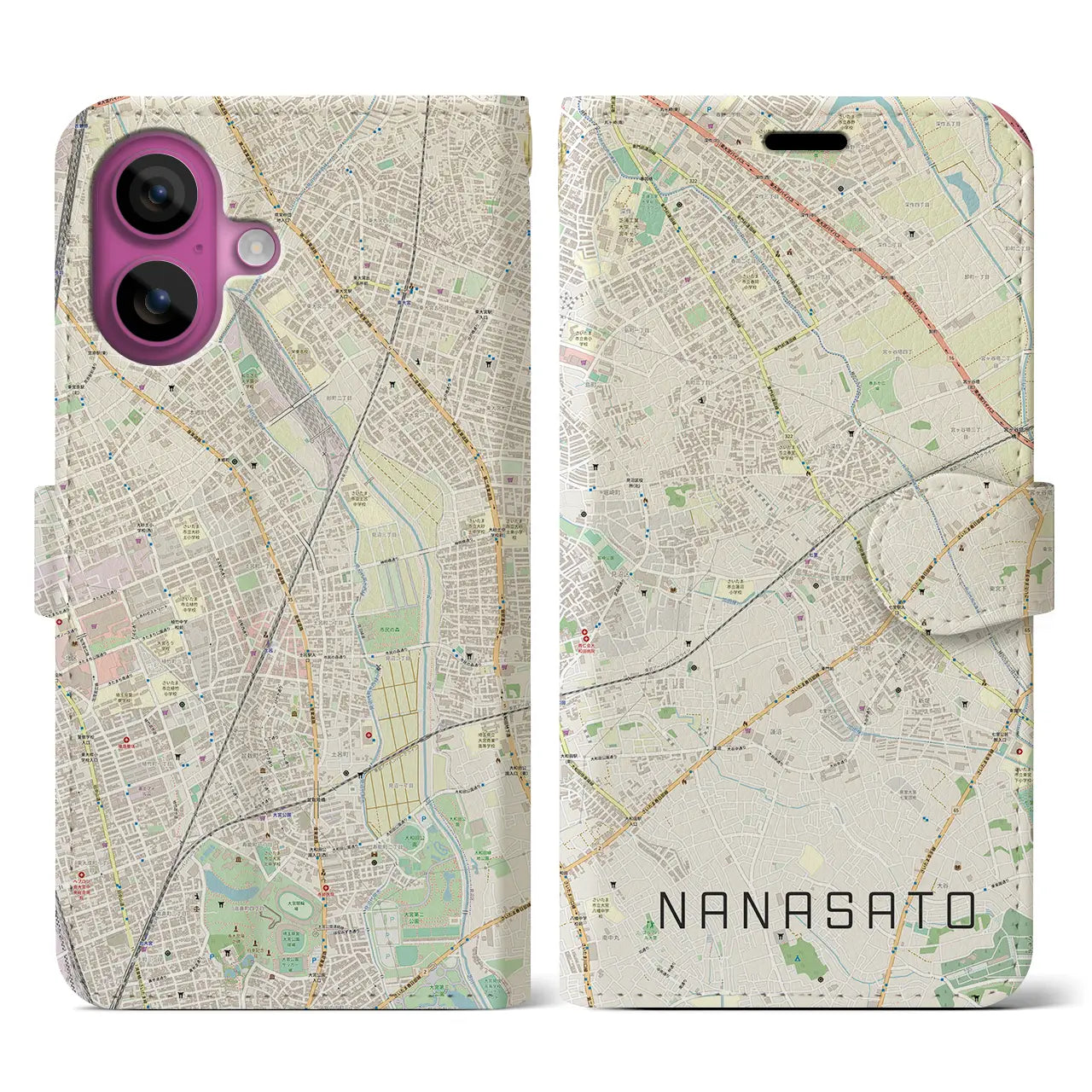 【七里(埼玉県)】地図柄iPhoneケース(手帳タイプ)ナチュラル・iPhone 16 Pro 用