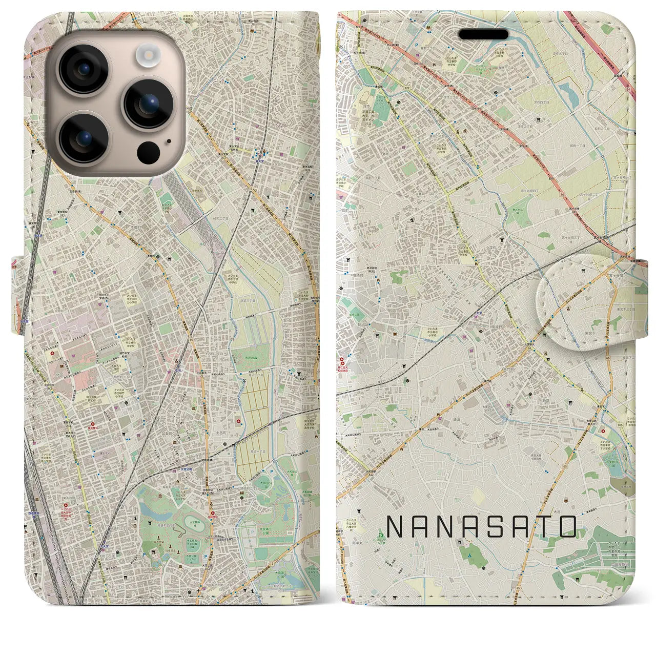 【七里(埼玉県)】地図柄iPhoneケース(手帳タイプ)ナチュラル・iPhone 16 Plus 用