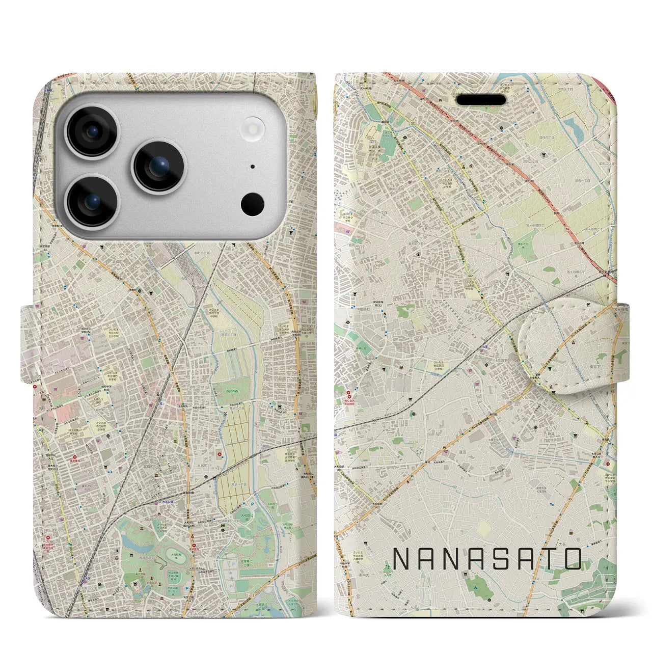 【七里(埼玉県)】地図柄iPhoneケース(手帳タイプ)ナチュラル・iPhone 17 Pro Max 用