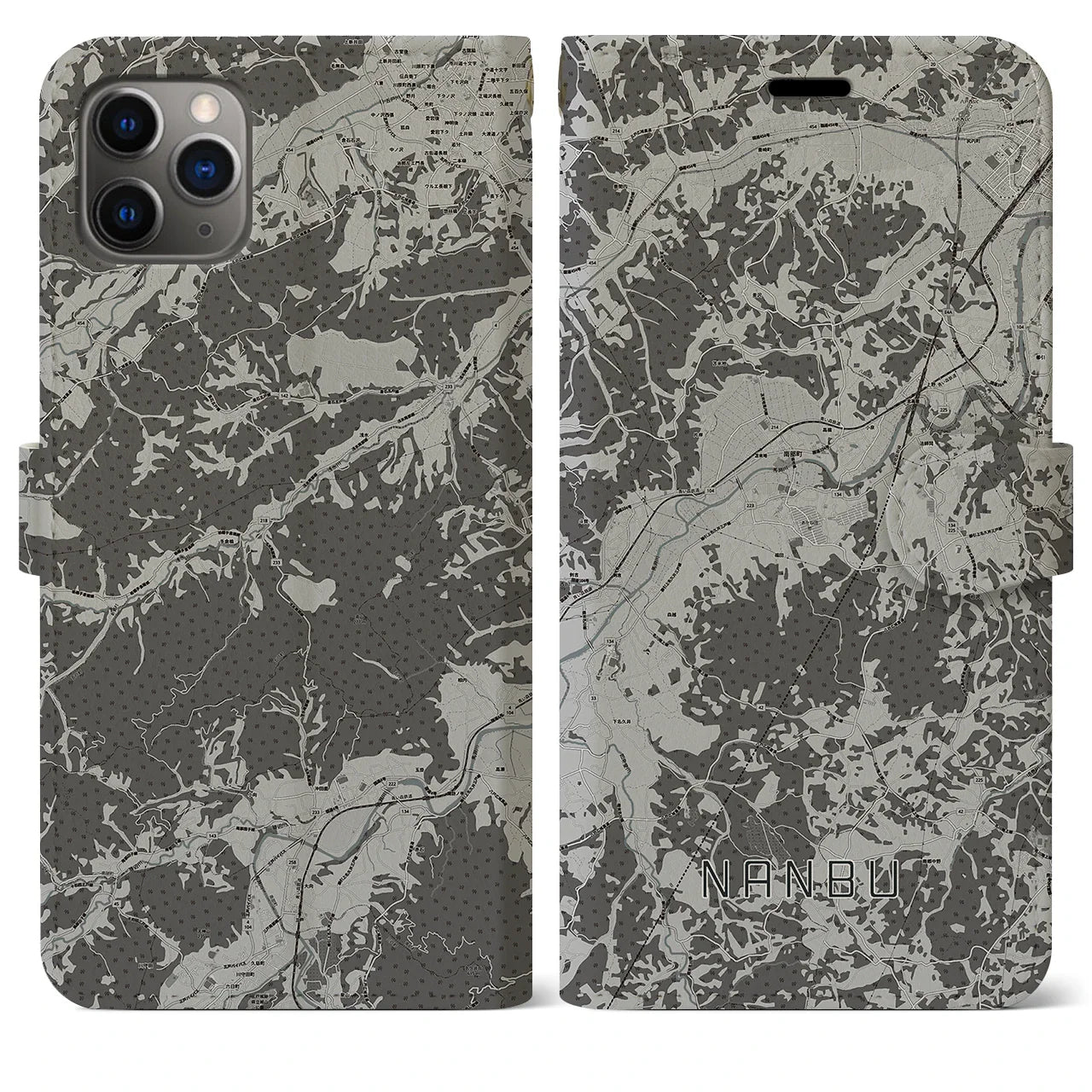 【南部(青森県)】地図柄iPhoneケース(手帳タイプ)モノトーン・iPhone 11 Pro Max 用