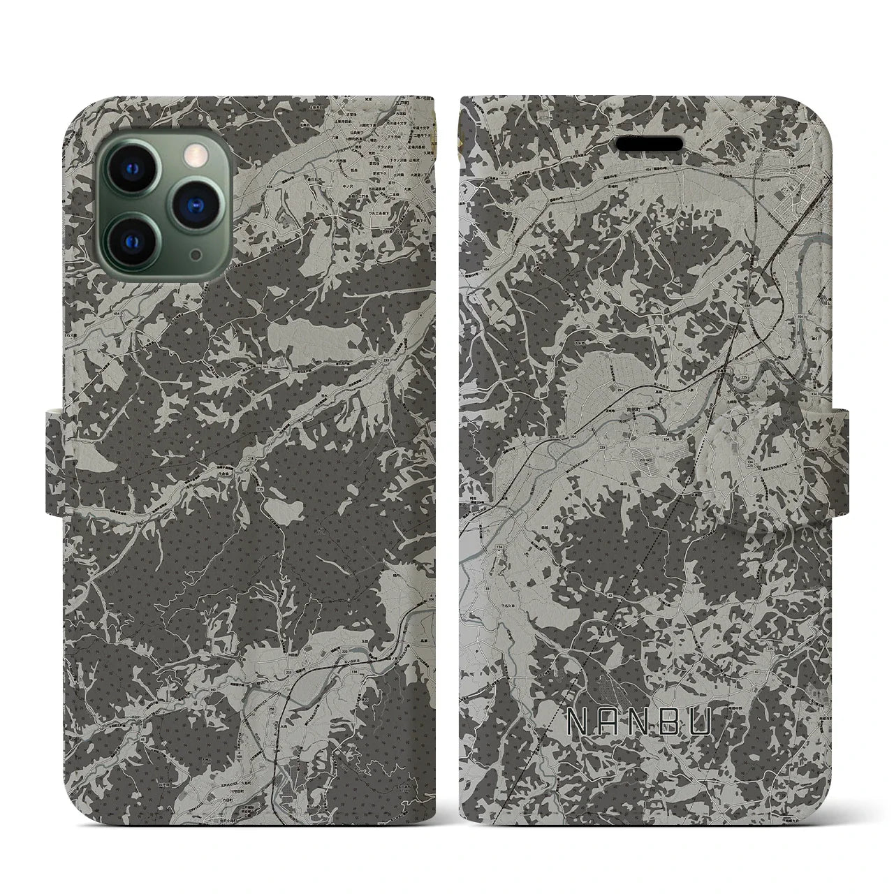 【南部(青森県)】地図柄iPhoneケース(手帳タイプ)モノトーン・iPhone 11 Pro 用