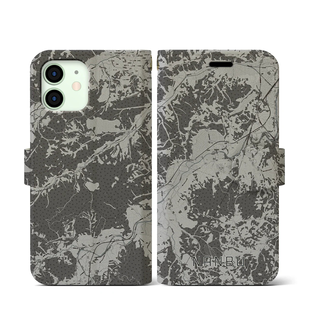 【南部(青森県)】地図柄iPhoneケース(手帳タイプ)モノトーン・iPhone 12 mini 用