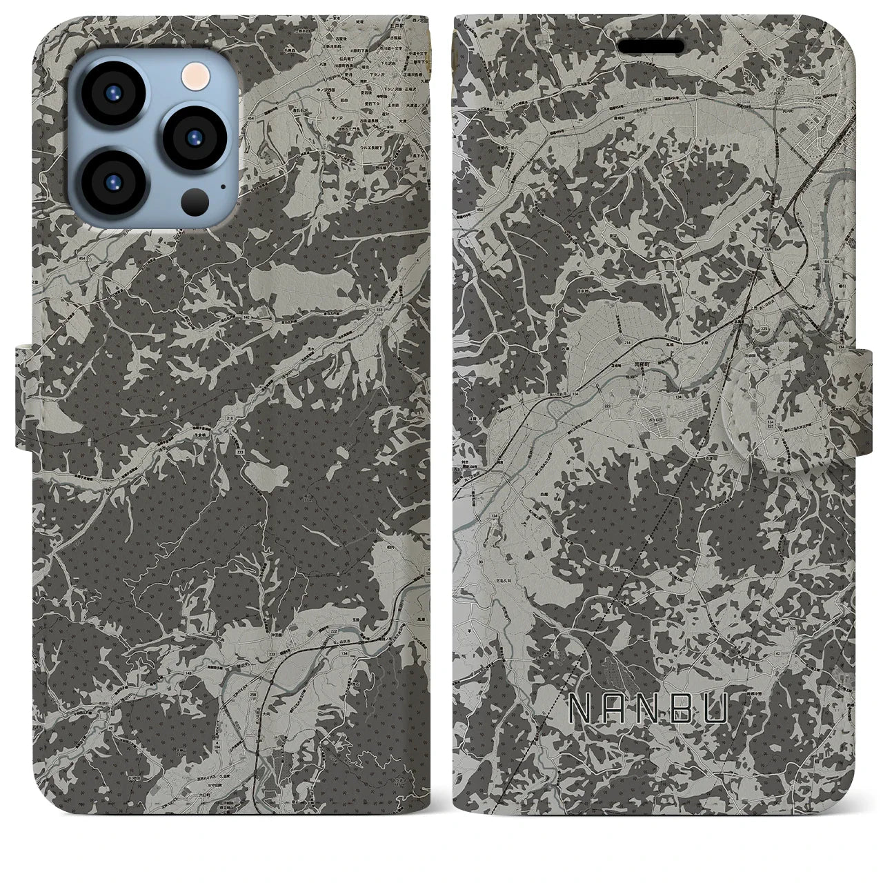 【南部(青森県)】地図柄iPhoneケース(手帳タイプ)モノトーン・iPhone 13 Pro Max 用