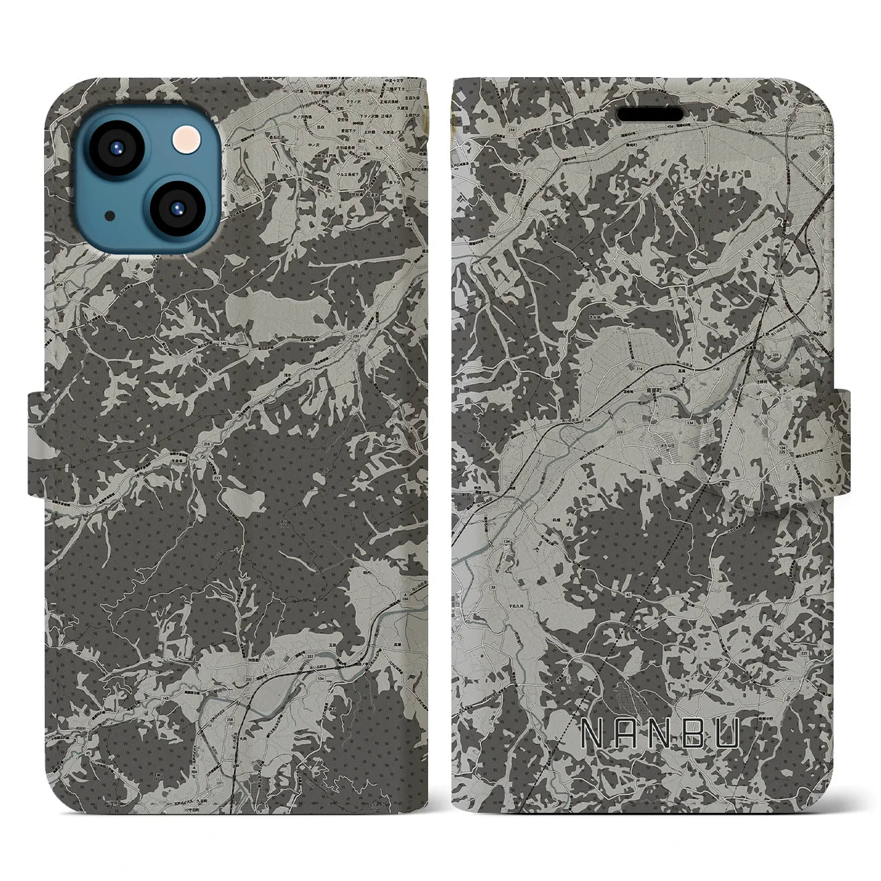 【南部(青森県)】地図柄iPhoneケース(手帳タイプ)モノトーン・iPhone 13 用