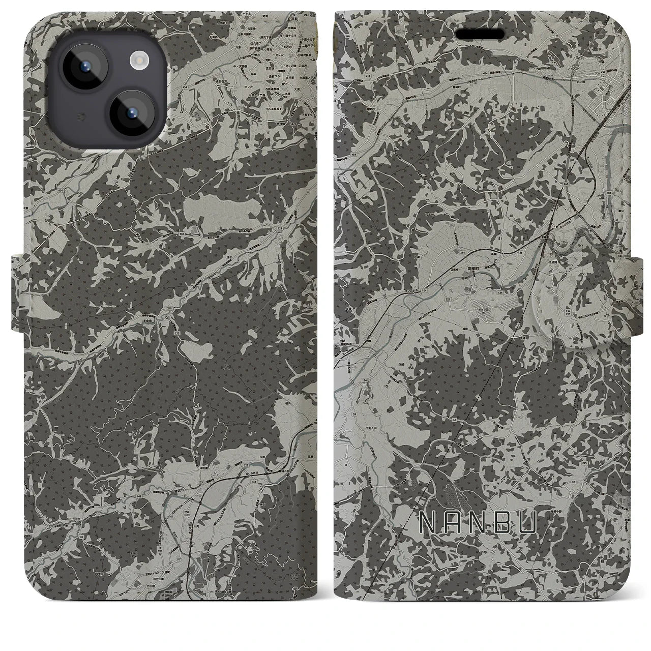 【南部(青森県)】地図柄iPhoneケース(手帳タイプ)モノトーン・iPhone 14 Plus 用