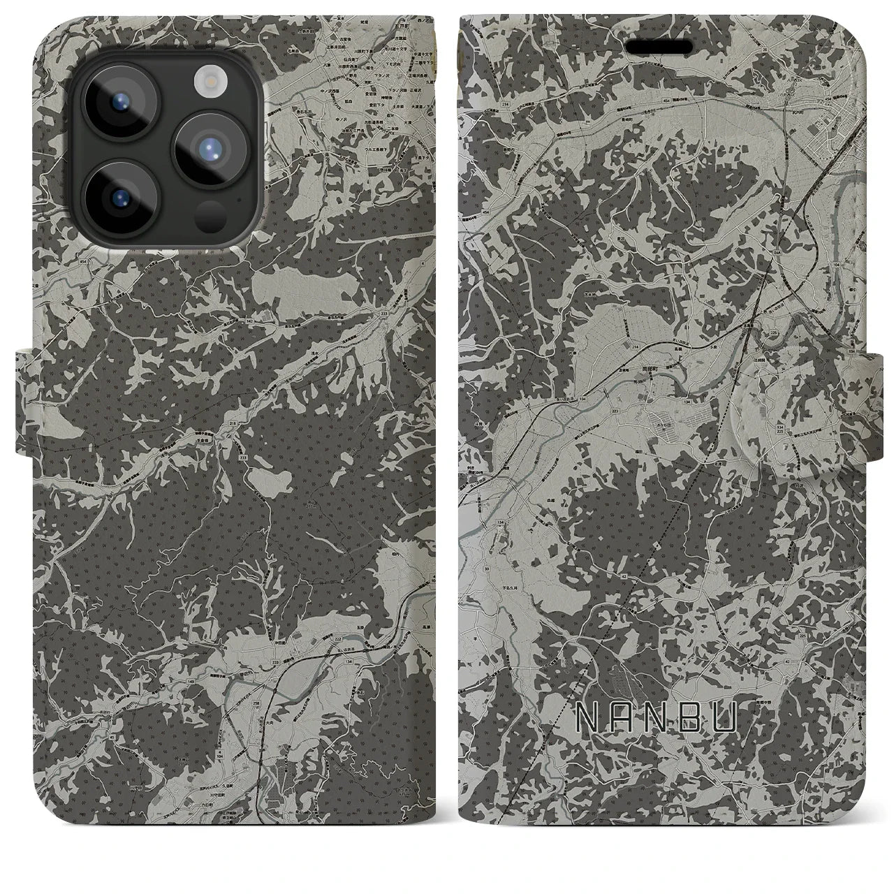 【南部(青森県)】地図柄iPhoneケース(手帳タイプ)モノトーン・iPhone 15 Pro Max 用
