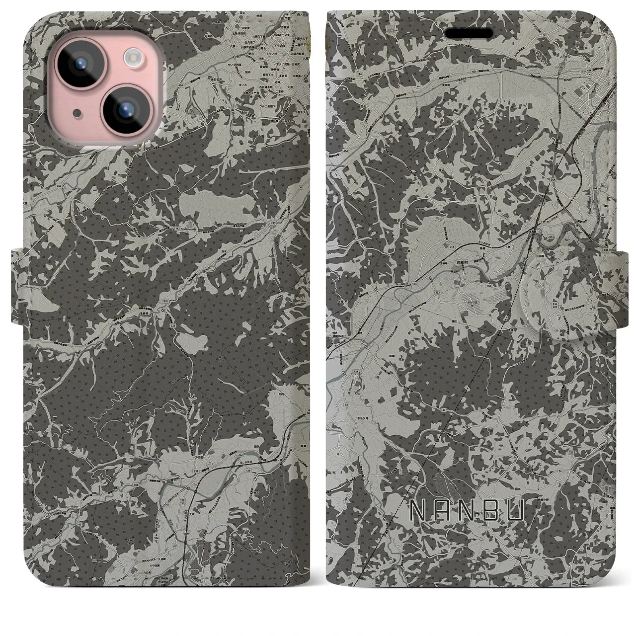 【南部(青森県)】地図柄iPhoneケース(手帳タイプ)モノトーン・iPhone 15 Plus 用