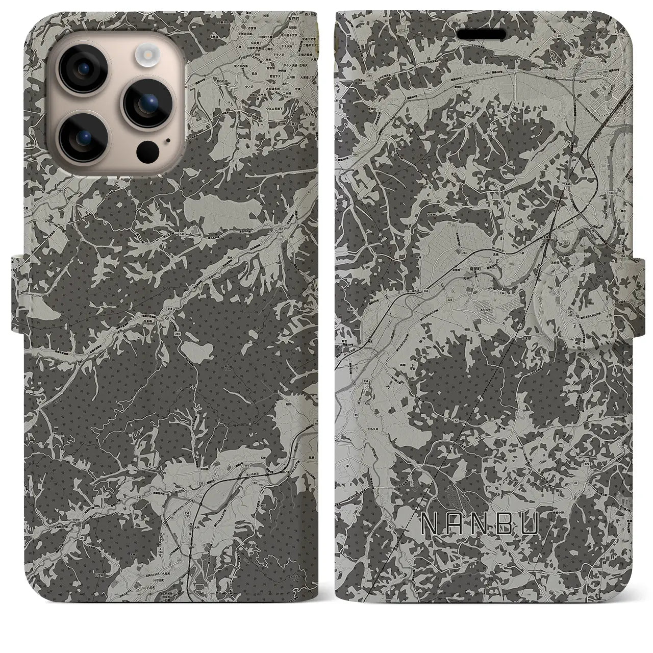 【南部(青森県)】地図柄iPhoneケース(手帳タイプ)モノトーン・iPhone 16 Plus 用
