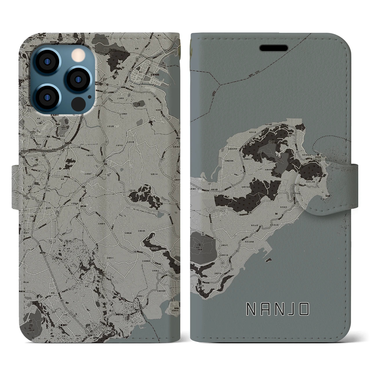 【南城(沖縄県)】地図柄iPhoneケース(手帳タイプ)モノトーン・iPhone 12 / 12 Pro 用