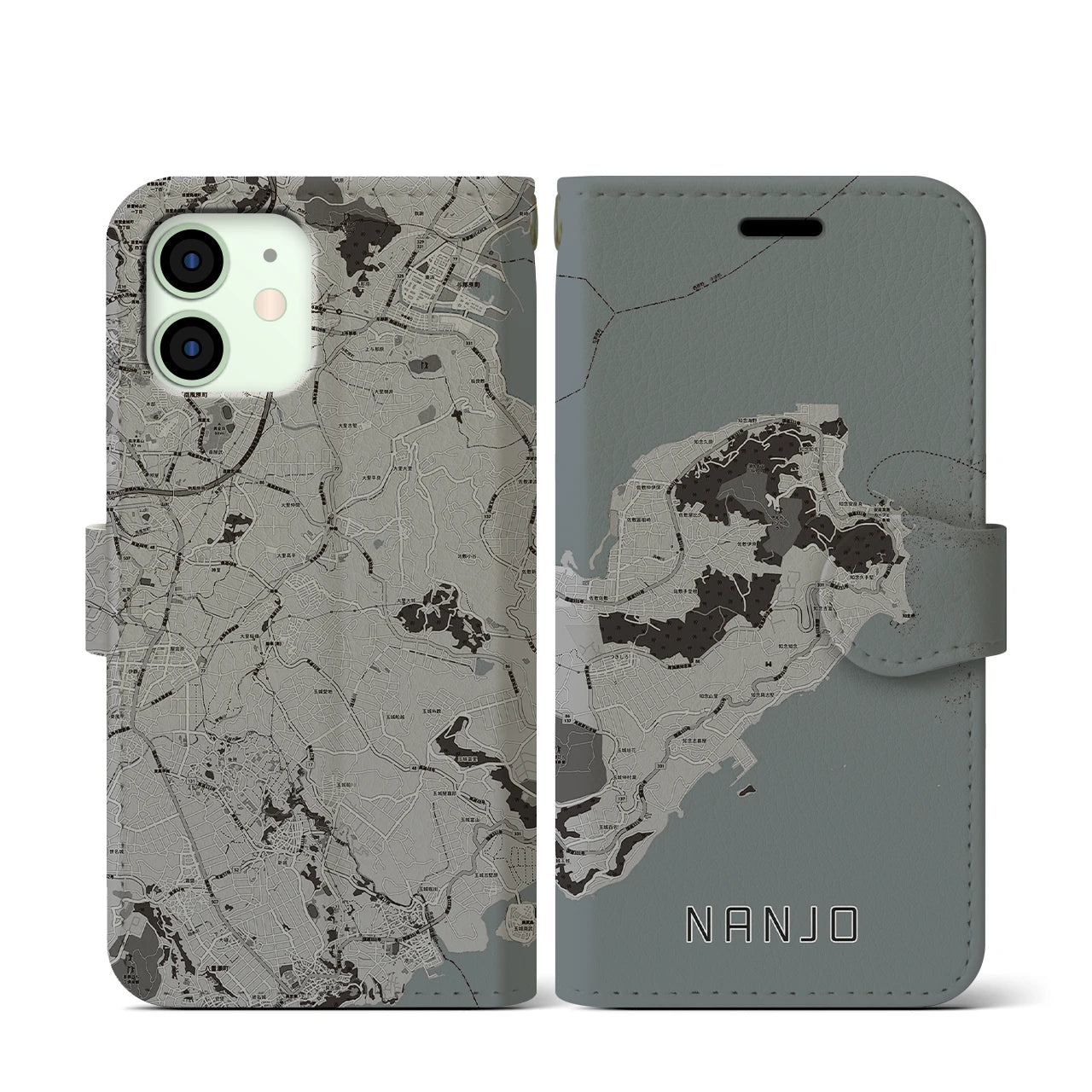 【南城(沖縄県)】地図柄iPhoneケース(手帳タイプ)モノトーン・iPhone 12 mini 用