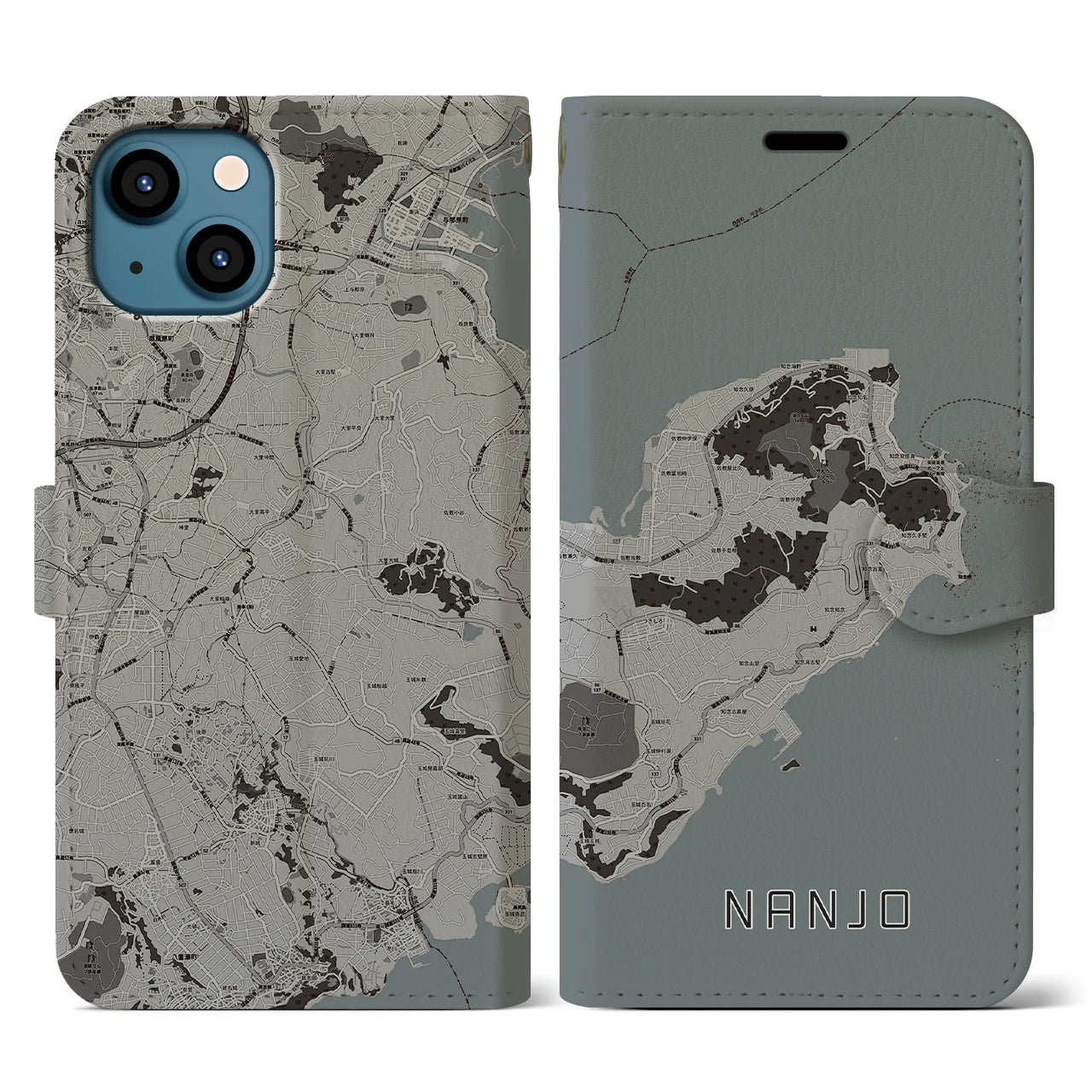 【南城(沖縄県)】地図柄iPhoneケース(手帳タイプ)モノトーン・iPhone 13 用