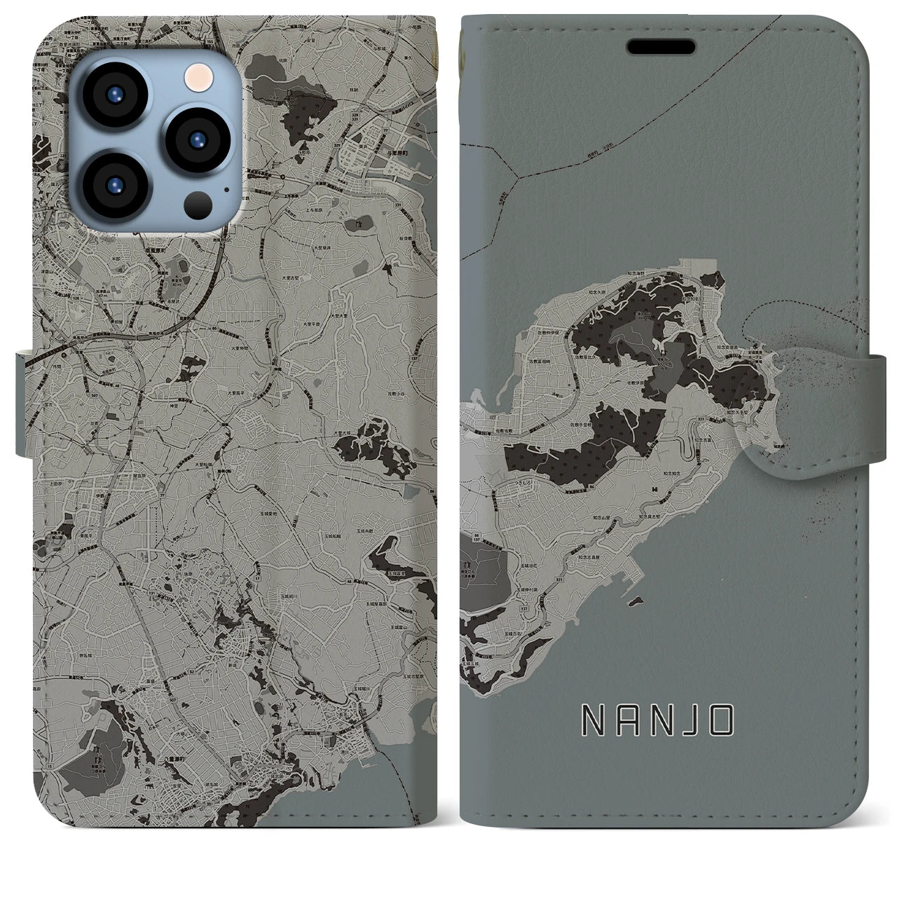 【南城(沖縄県)】地図柄iPhoneケース(手帳タイプ)モノトーン・iPhone 13 Pro Max 用