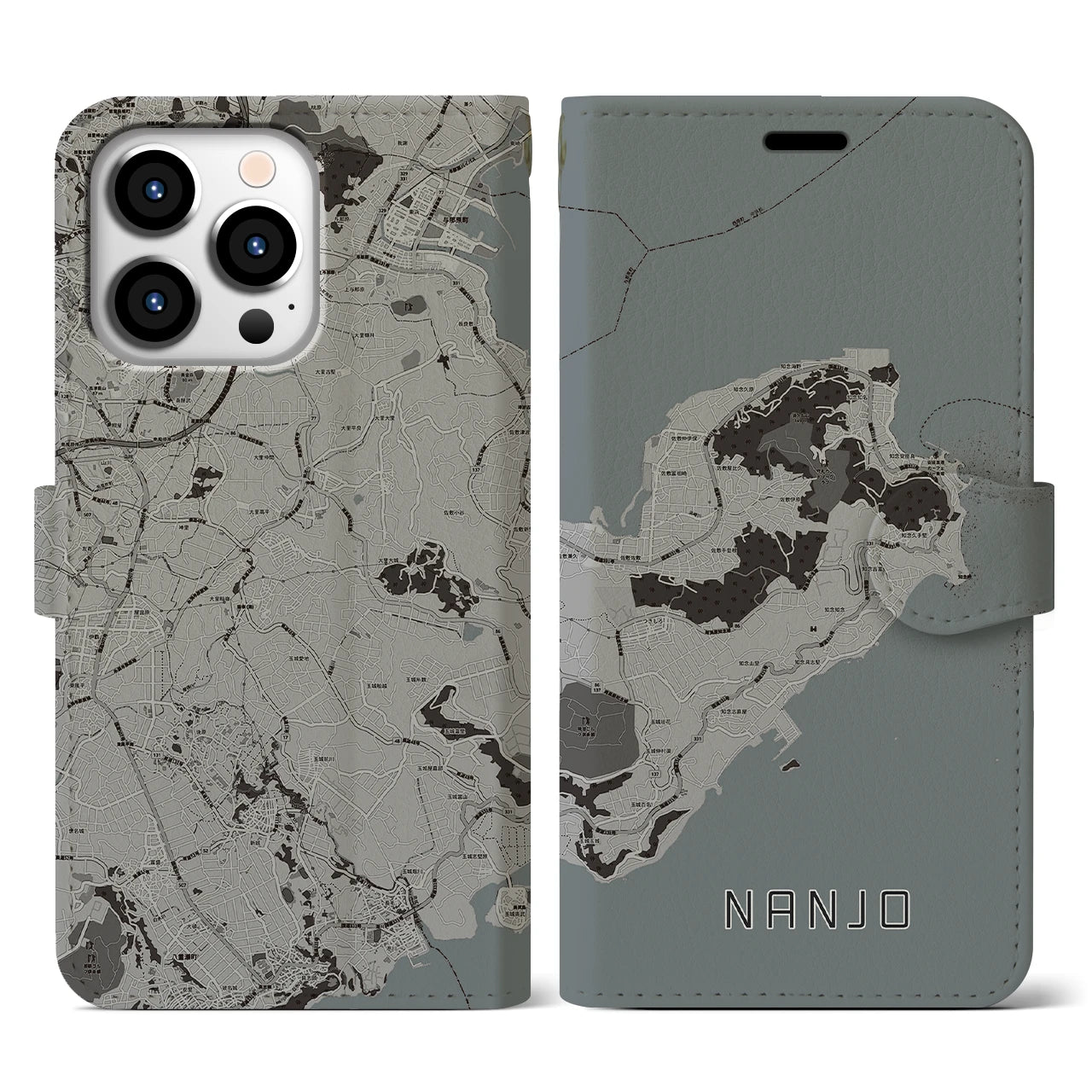 【南城(沖縄県)】地図柄iPhoneケース(手帳タイプ)モノトーン・iPhone 13 Pro 用