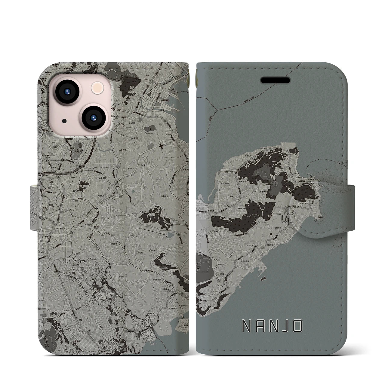 【南城(沖縄県)】地図柄iPhoneケース(手帳タイプ)モノトーン・iPhone 13 mini 用