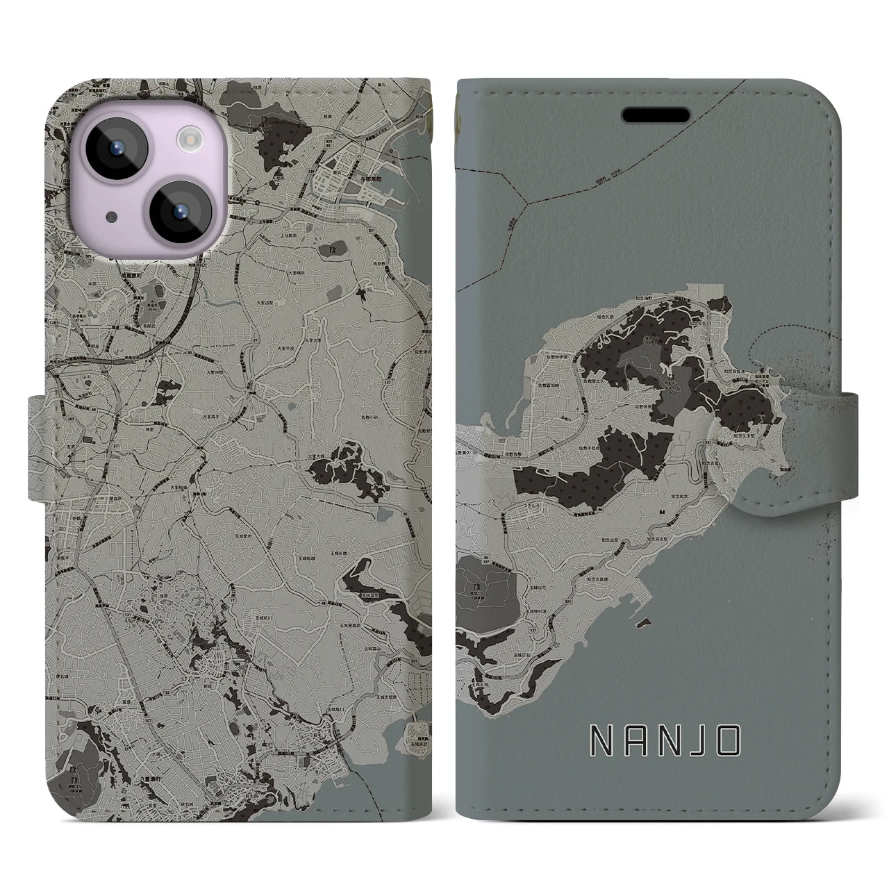 【南城(沖縄県)】地図柄iPhoneケース(手帳タイプ)モノトーン・iPhone 14 用
