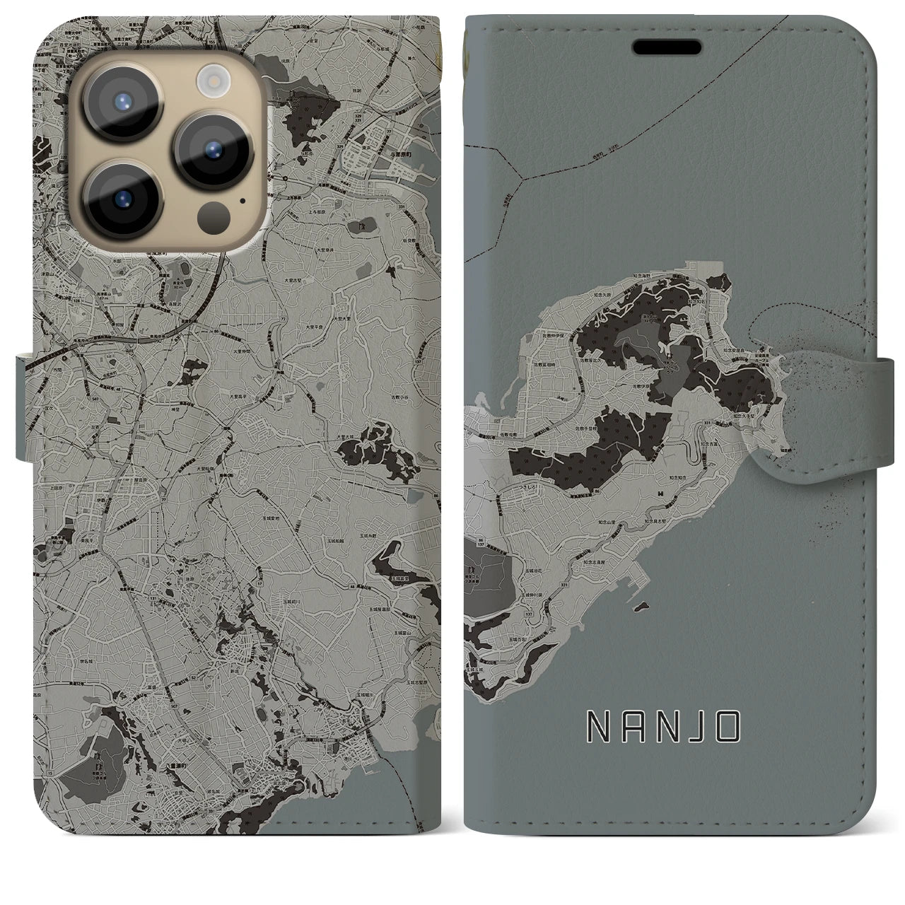 【南城(沖縄県)】地図柄iPhoneケース(手帳タイプ)モノトーン・iPhone 14 Pro Max 用