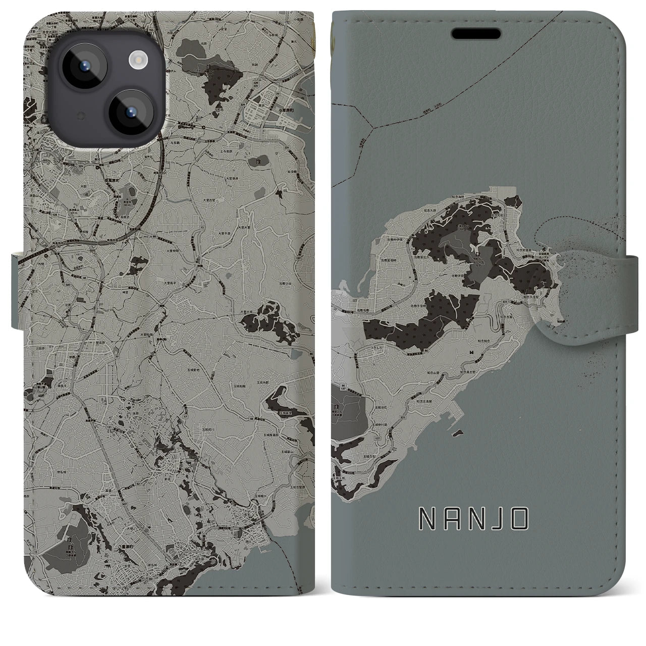【南城(沖縄県)】地図柄iPhoneケース(手帳タイプ)モノトーン・iPhone 14 Plus 用