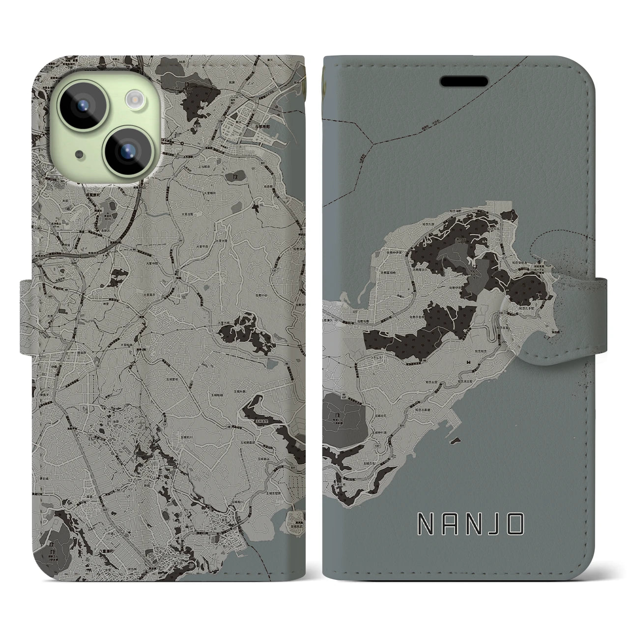 【南城(沖縄県)】地図柄iPhoneケース(手帳タイプ)モノトーン・iPhone 15 用