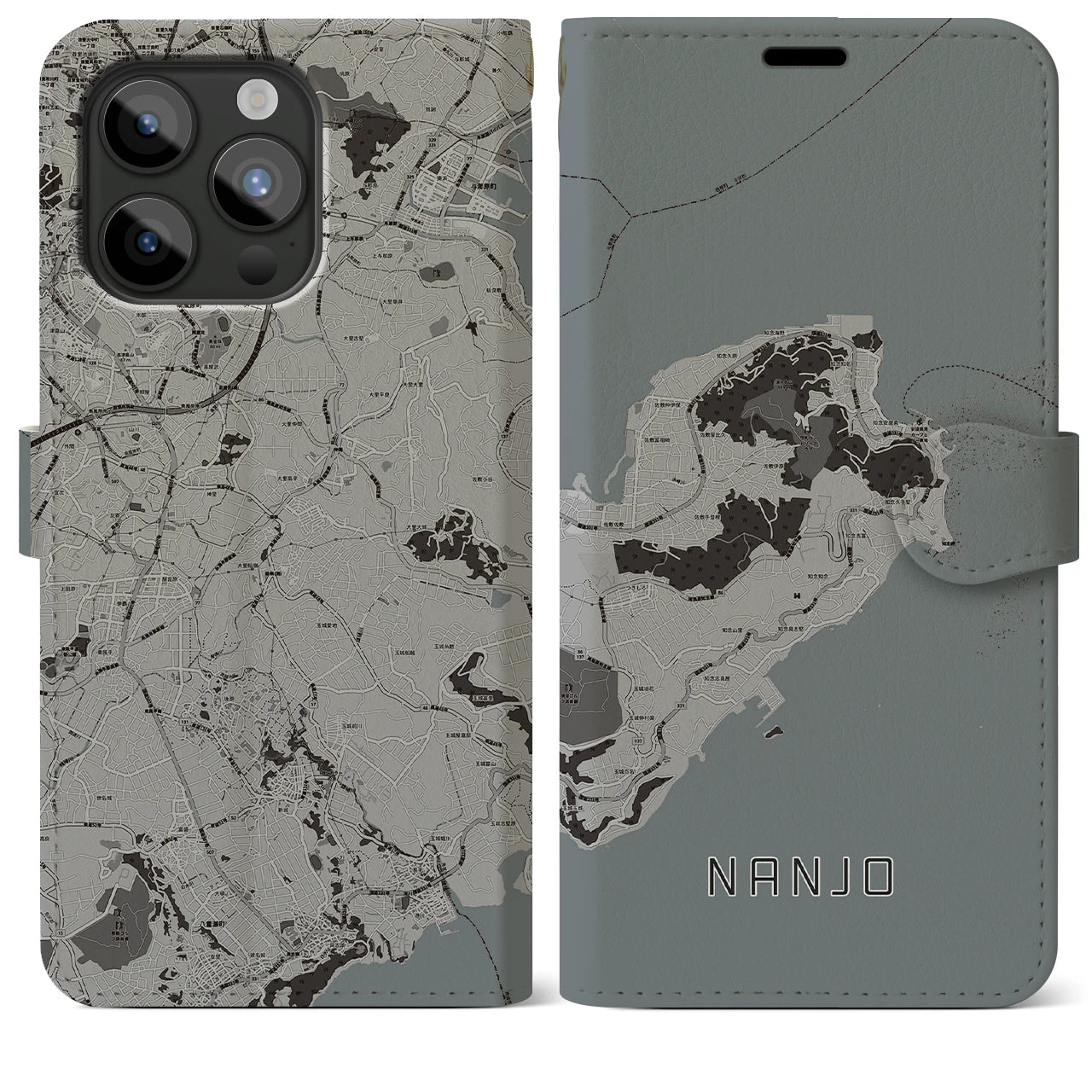 【南城(沖縄県)】地図柄iPhoneケース(手帳タイプ)モノトーン・iPhone 15 Pro Max 用