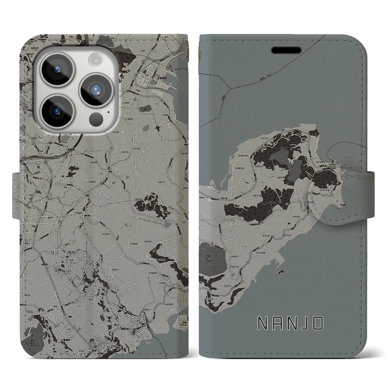【南城(沖縄県)】地図柄iPhoneケース(手帳タイプ)モノトーン・iPhone 15 Pro 用