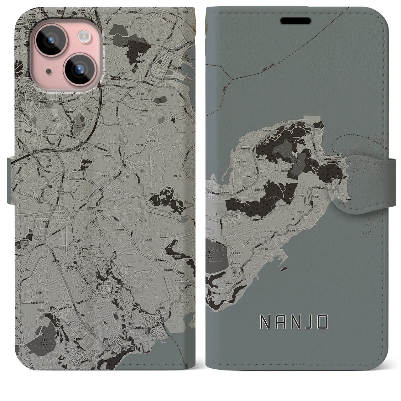 【南城(沖縄県)】地図柄iPhoneケース(手帳タイプ)モノトーン・iPhone 15 Plus 用