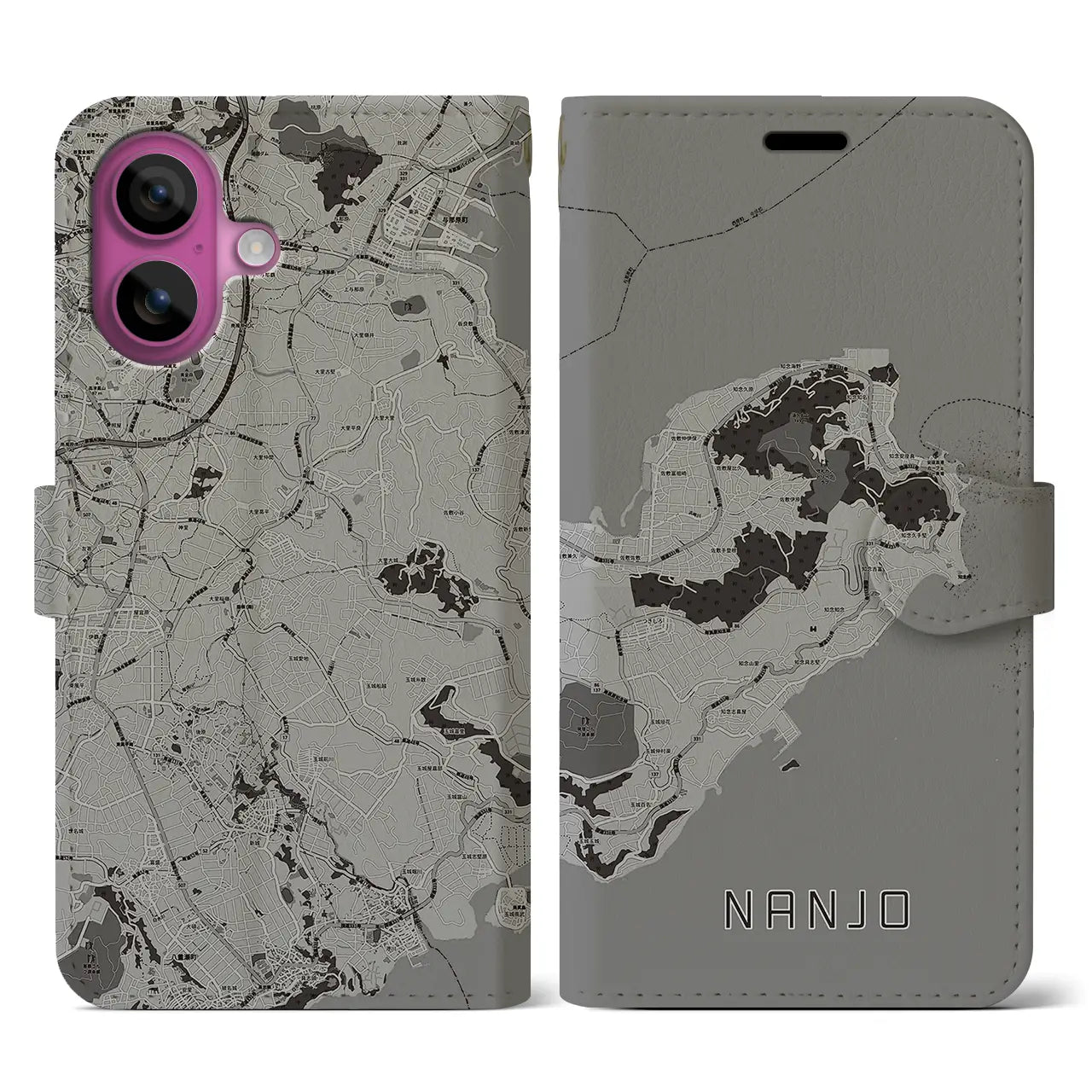 【南城(沖縄県)】地図柄iPhoneケース(手帳タイプ)モノトーン・iPhone 16 Pro 用
