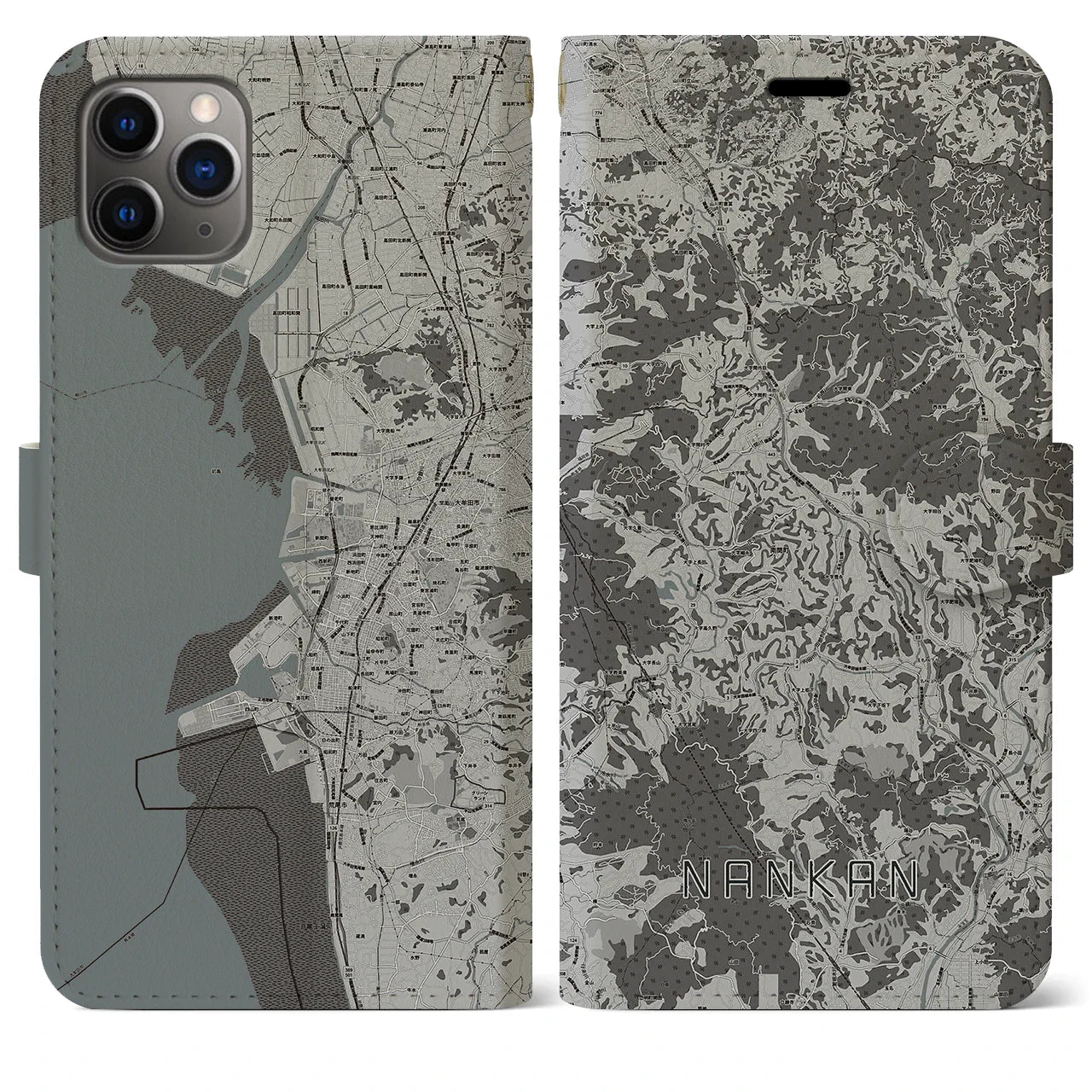 【南関(熊本県)】地図柄iPhoneケース(手帳タイプ)モノトーン・iPhone 11 Pro Max 用