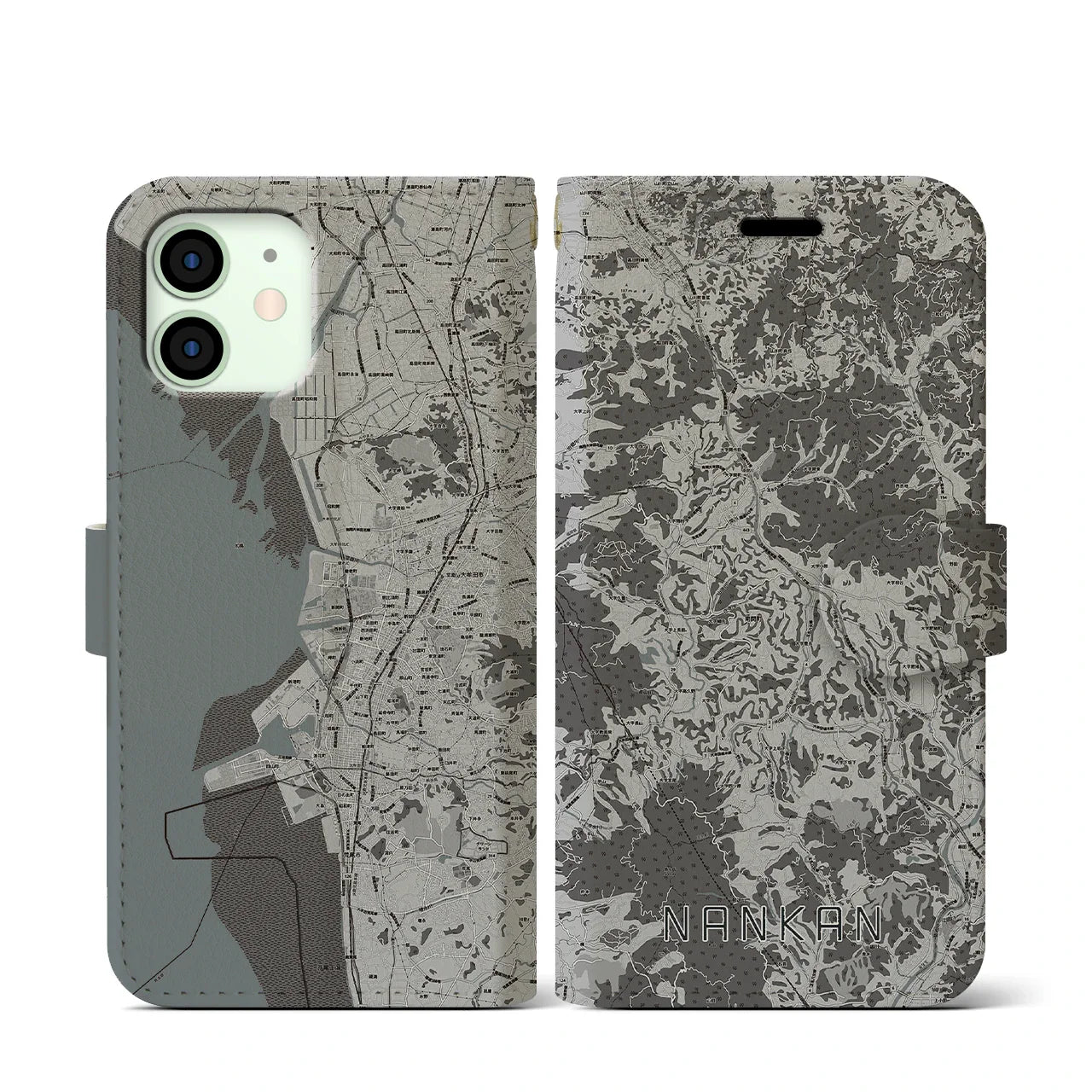【南関(熊本県)】地図柄iPhoneケース(手帳タイプ)モノトーン・iPhone 12 mini 用