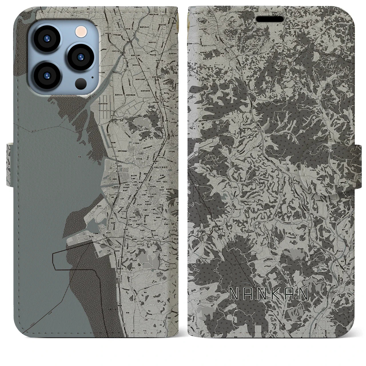 【南関(熊本県)】地図柄iPhoneケース(手帳タイプ)モノトーン・iPhone 13 Pro Max 用