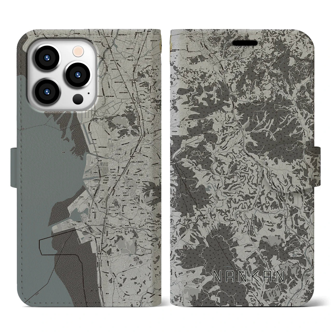 【南関(熊本県)】地図柄iPhoneケース(手帳タイプ)モノトーン・iPhone 13 Pro 用