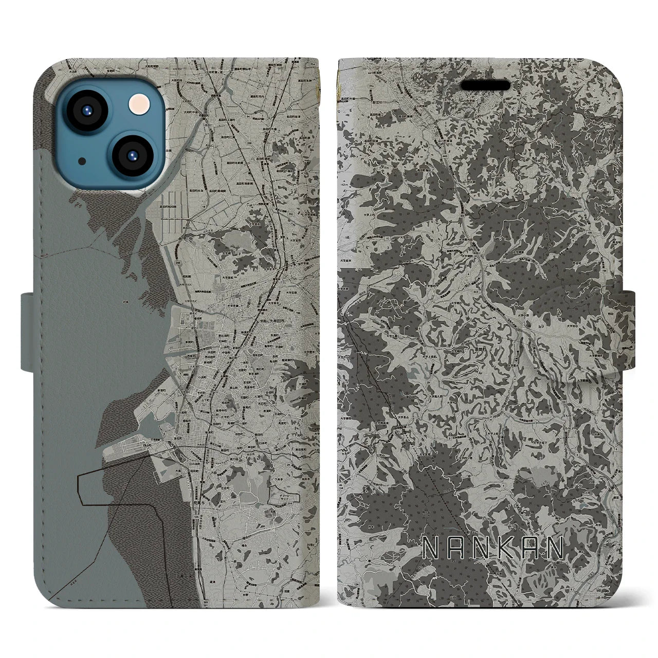 【南関(熊本県)】地図柄iPhoneケース(手帳タイプ)モノトーン・iPhone 13 用