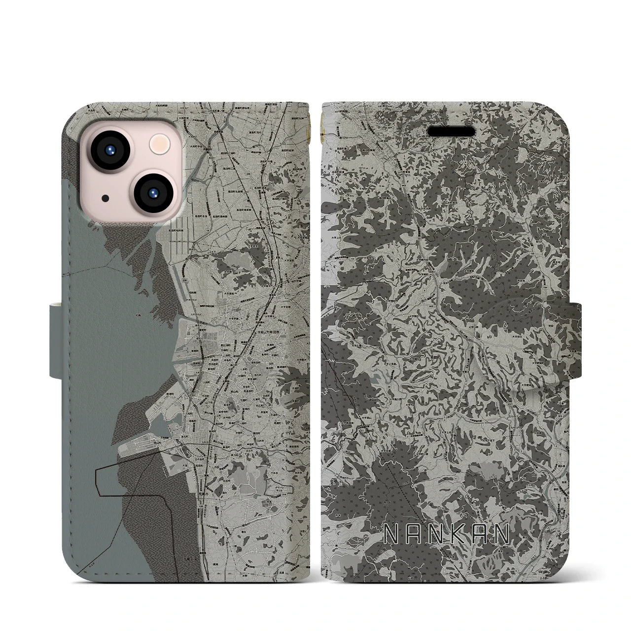 【南関(熊本県)】地図柄iPhoneケース(手帳タイプ)モノトーン・iPhone 13 mini 用