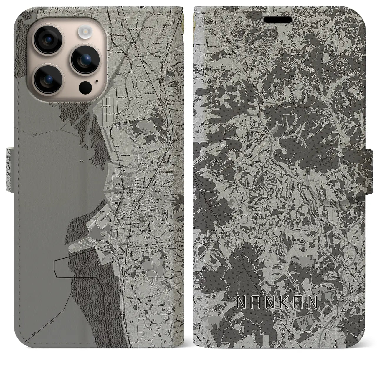 【南関(熊本県)】地図柄iPhoneケース(手帳タイプ)モノトーン・iPhone 16 Plus 用